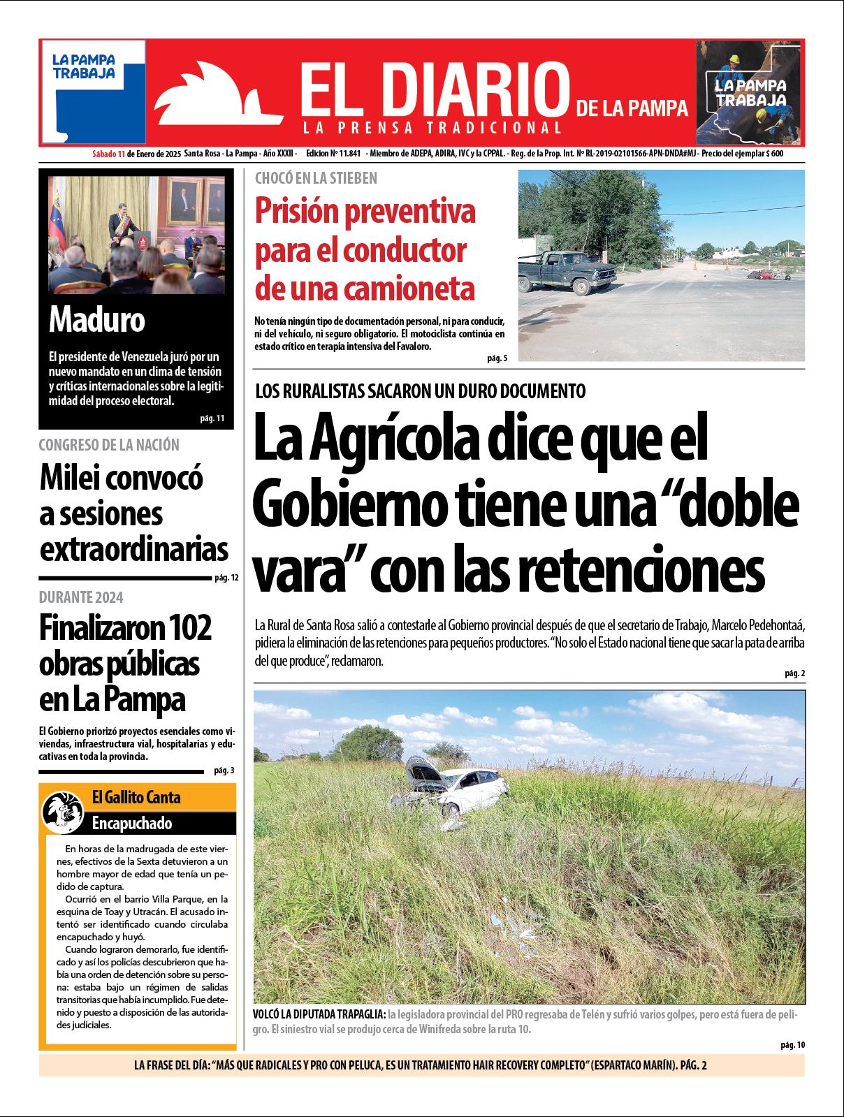 Tapa de El Diario en papel  saacutebado 11 de enero de 2025